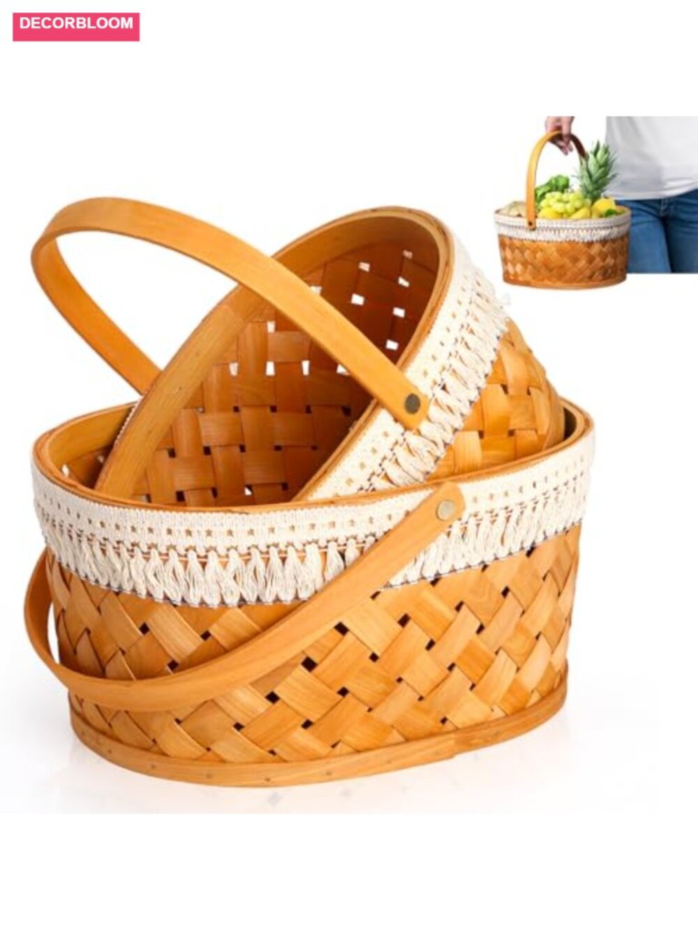 2 Pack Woven Wood Bread Baskets with Handles Oval Picnic Storage